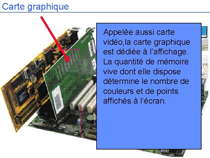 Carte graphique Appelée aussi carte vidéo, la carte graphique est dédiée à l’affichage. La