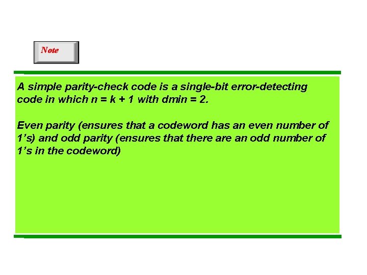 Note A simple parity-check code is a single-bit error-detecting code in which n =