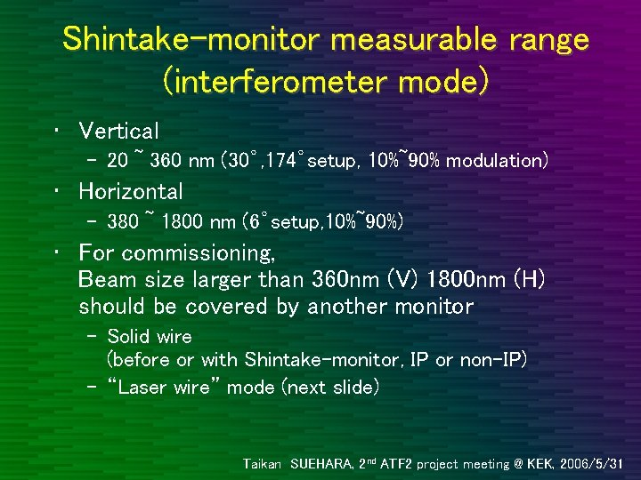 Shintake-monitor measurable range (interferometer mode) • Vertical – 20 ~ 360 nm (30゜, 174゜setup,