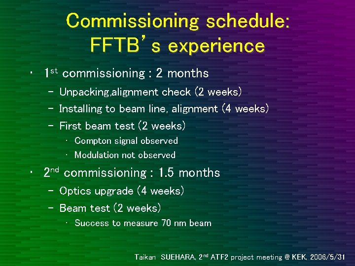 Commissioning schedule: FFTB’s experience • 1 st commissioning : 2 months – Unpacking, alignment