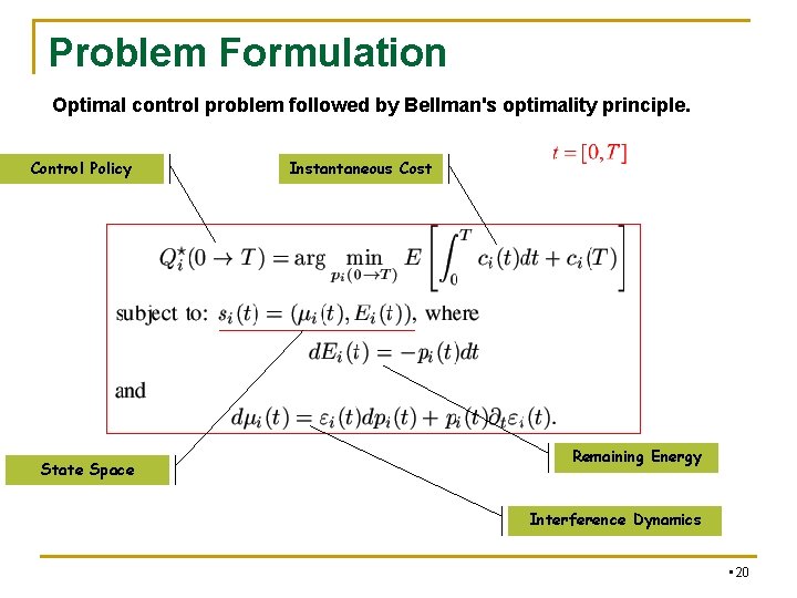 Problem Formulation Optimal control problem followed by Bellman's optimality principle. Control Policy State Space Problem Formulation Optimal control problem followed by Bellman's optimality principle. Control Policy State Space