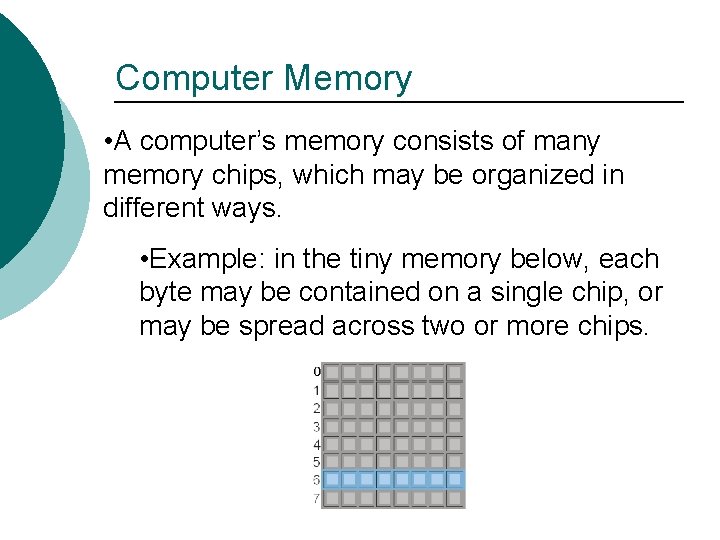 Computer Memory • A computer’s memory consists of many memory chips, which may be