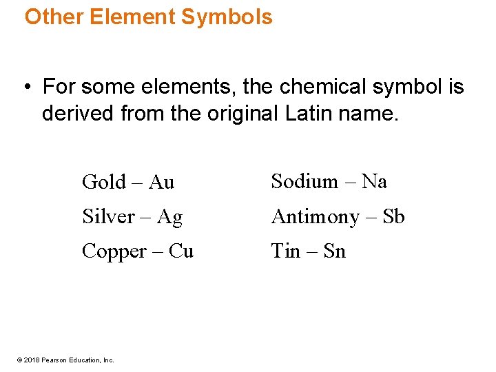 Other Element Symbols • For some elements, the chemical symbol is derived from the