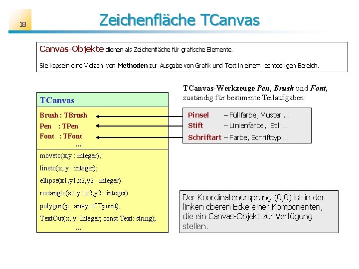 Zeichenfläche TCanvas 18 Canvas-Objekte dienen als Zeichenfläche für grafische Elemente. Sie kapseln eine Vielzahl