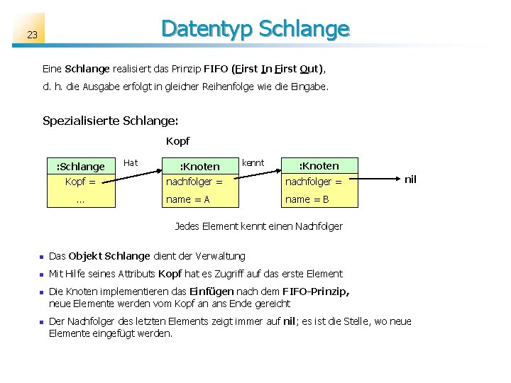 Datentyp Schlange 23 Eine Schlange realisiert das Prinzip FIFO (First In First Out), d.