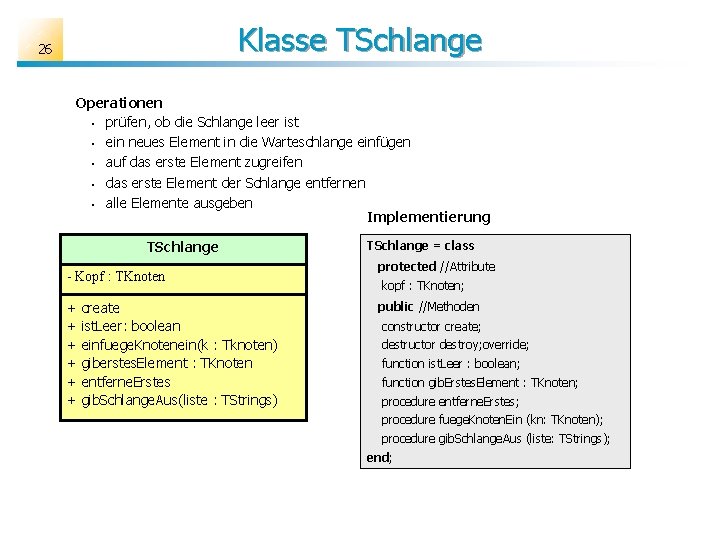 Klasse TSchlange 26 Operationen • prüfen, ob die Schlange leer ist • ein neues