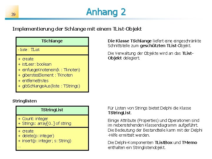 Anhang 2 39 Implementierung der Schlange mit einem TList-Objekt TSchlange - liste : TList