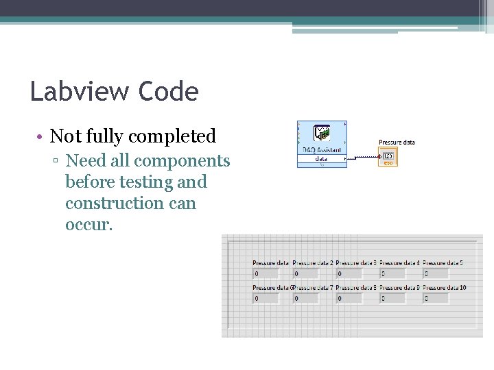 Labview Code • Not fully completed ▫ Need all components before testing and construction Labview Code • Not fully completed ▫ Need all components before testing and construction