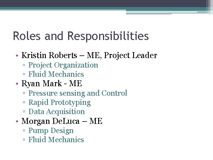 Roles and Responsibilities • Kristin Roberts – ME, Project Leader ▫ Project Organization ▫ Roles and Responsibilities • Kristin Roberts – ME, Project Leader ▫ Project Organization ▫
