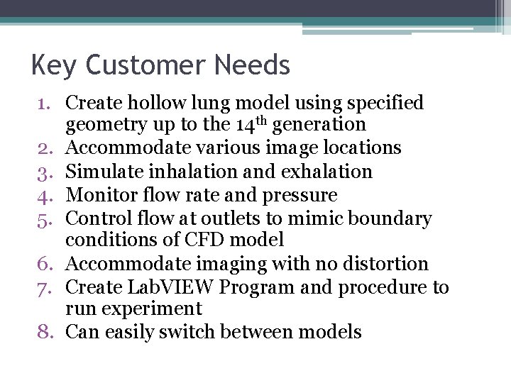 Key Customer Needs 1. Create hollow lung model using specified geometry up to the Key Customer Needs 1. Create hollow lung model using specified geometry up to the