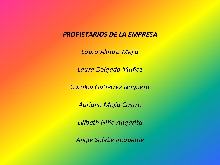 PROPIETARIOS DE LA EMPRESA Laura Alonso Mejía Laura Delgado Muñoz Carolay Gutiérrez Noguera Adriana