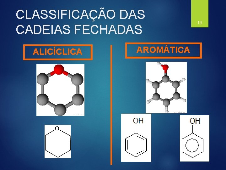 CLASSIFICAÇÃO DAS CADEIAS FECHADAS ALICÍCLICA AROMÁTICA 13 