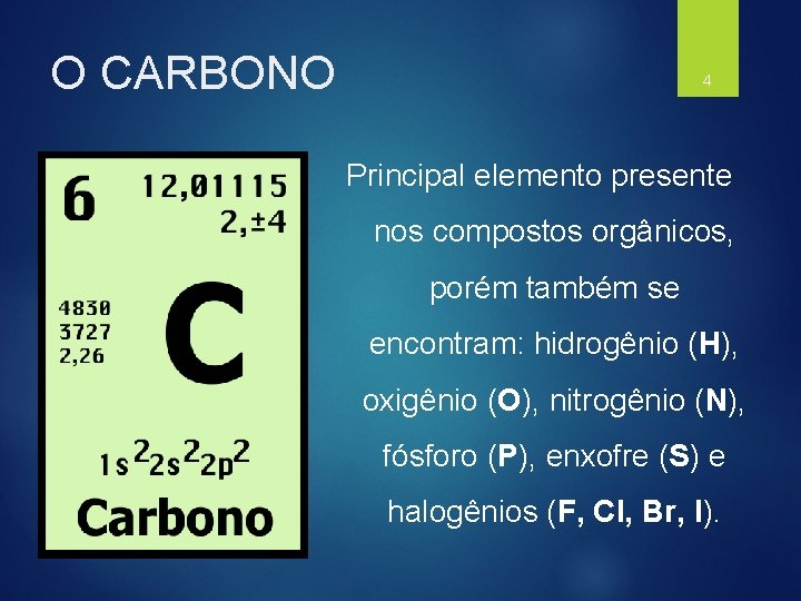 O CARBONO 4 Principal elemento presente nos compostos orgânicos, porém também se encontram: hidrogênio