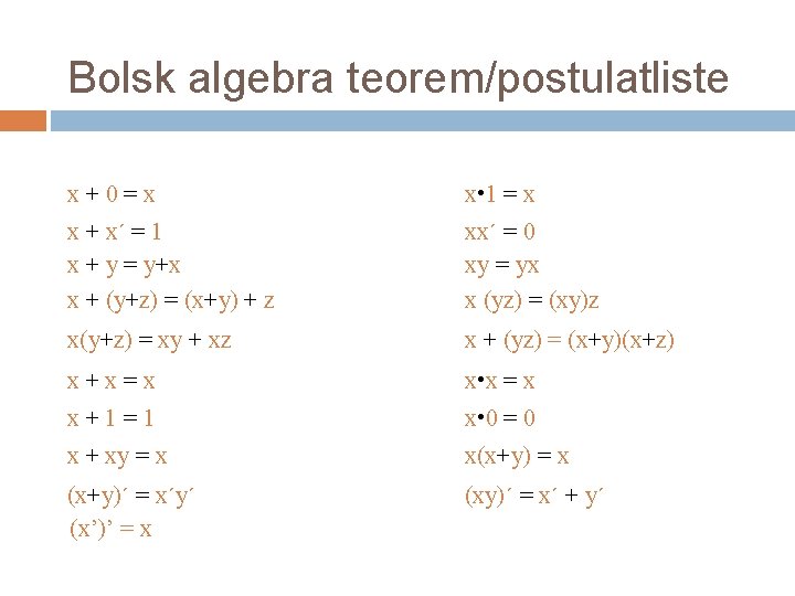 Bolsk algebra teorem/postulatliste x+0=x x • 1 = x x + x´ = 1