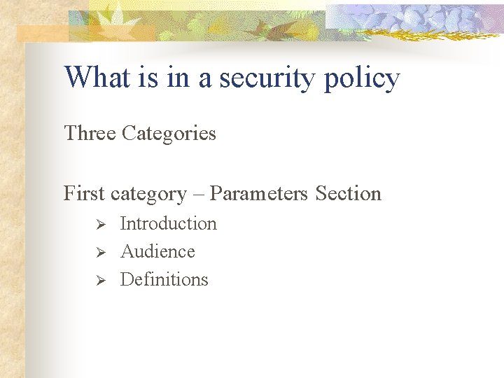 What is in a security policy Three Categories First category – Parameters Section Ø What is in a security policy Three Categories First category – Parameters Section Ø