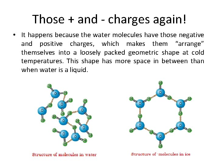 Those + and - charges again! • It happens because the water molecules have