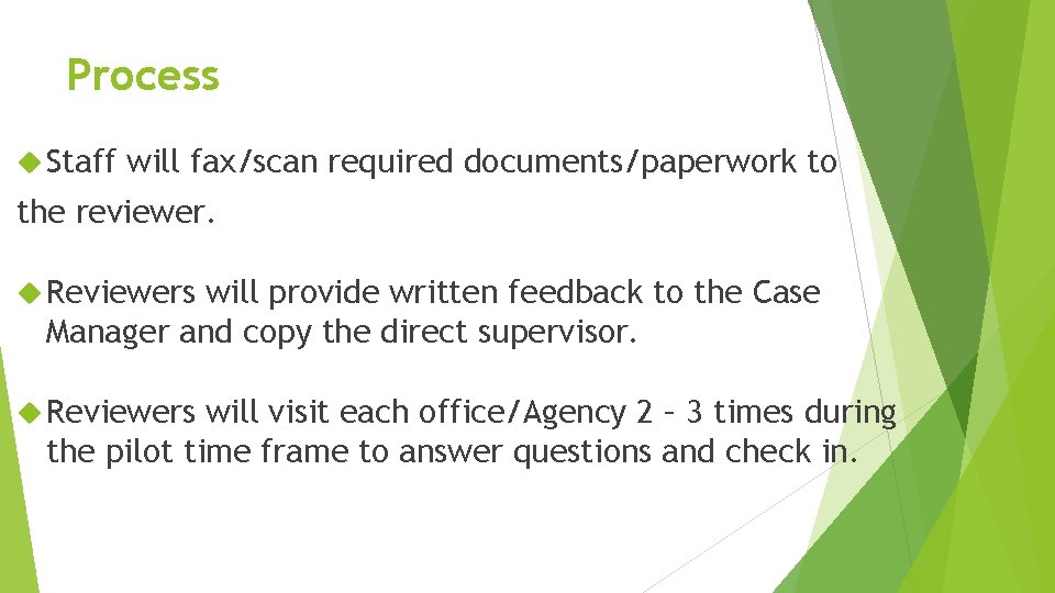 Process Staff will fax/scan required documents/paperwork to the reviewer. Reviewers will provide written feedback