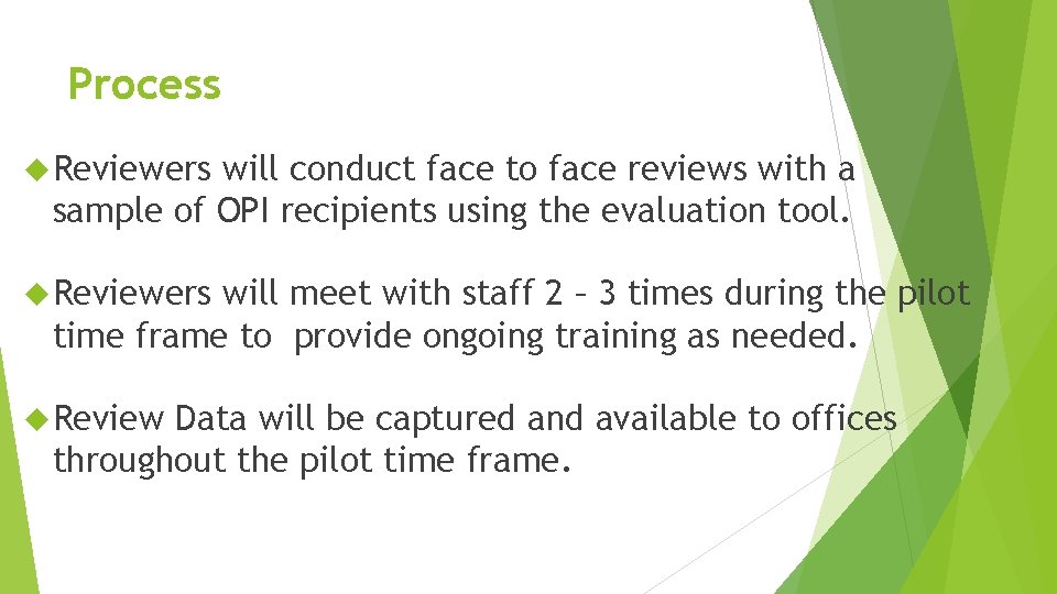 Process Reviewers will conduct face to face reviews with a sample of OPI recipients