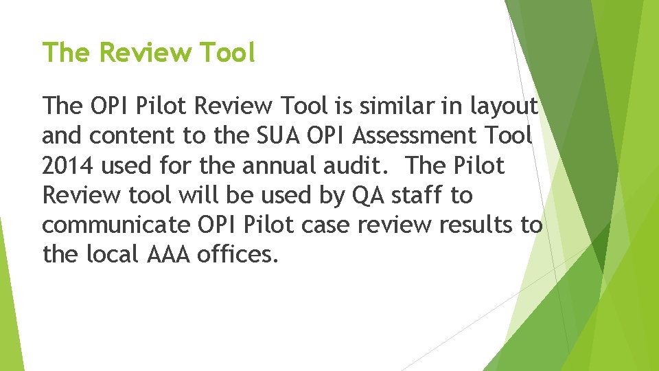 The Review Tool The OPI Pilot Review Tool is similar in layout and content