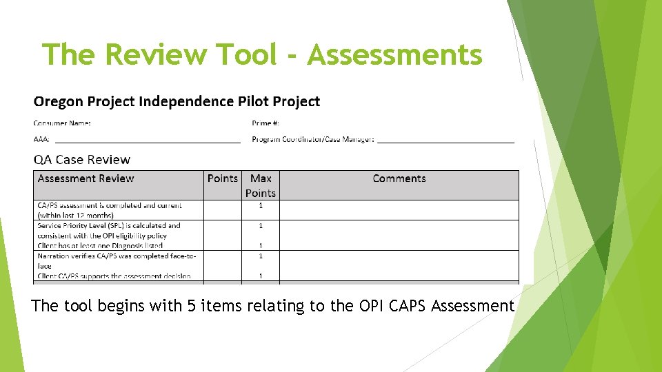The Review Tool - Assessments The tool begins with 5 items relating to the