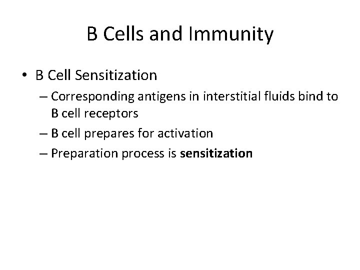 B Cells and Immunity • B Cell Sensitization – Corresponding antigens in interstitial fluids