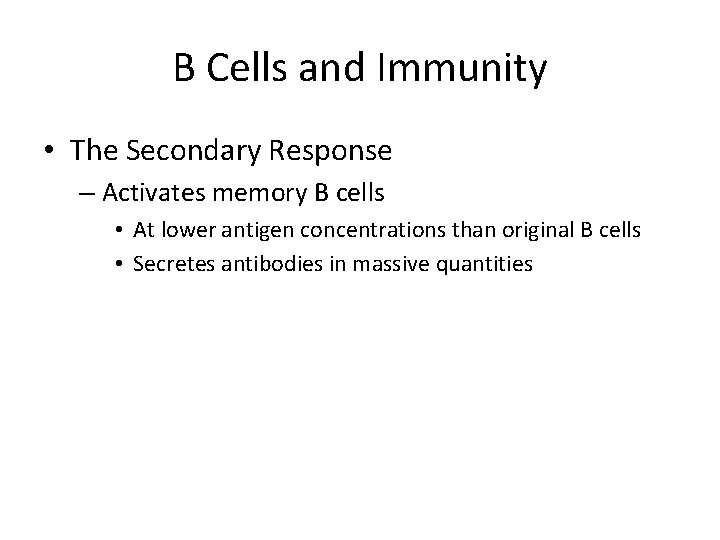 B Cells and Immunity • The Secondary Response – Activates memory B cells •