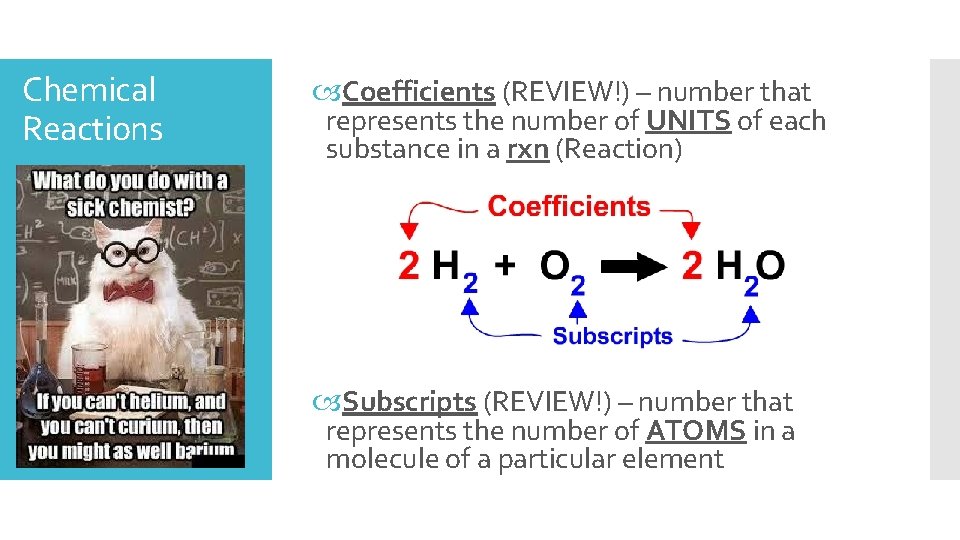 Chemical Reactions Coefficients (REVIEW!) – number that represents the number of UNITS of each