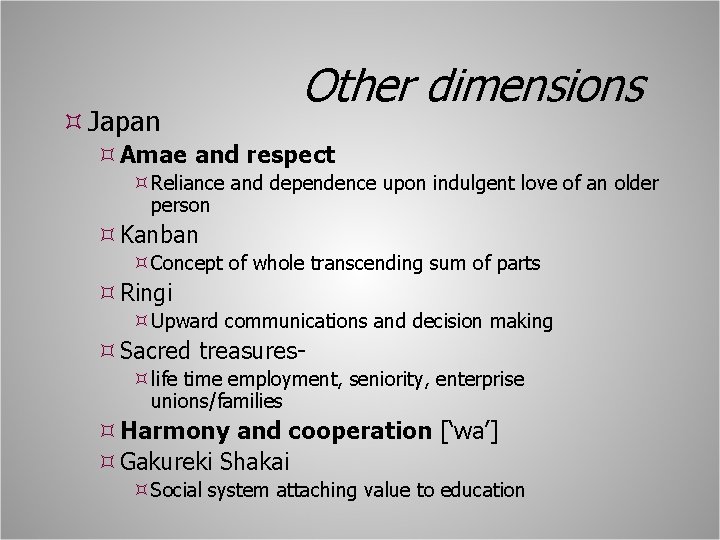  Japan Other dimensions Amae and respect Reliance and dependence upon indulgent love of