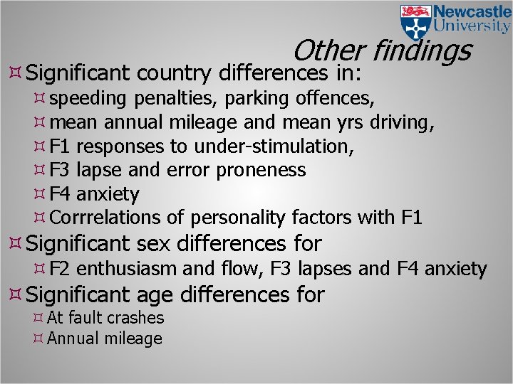 Other findings Significant country differences in: speeding penalties, parking offences, mean annual mileage and