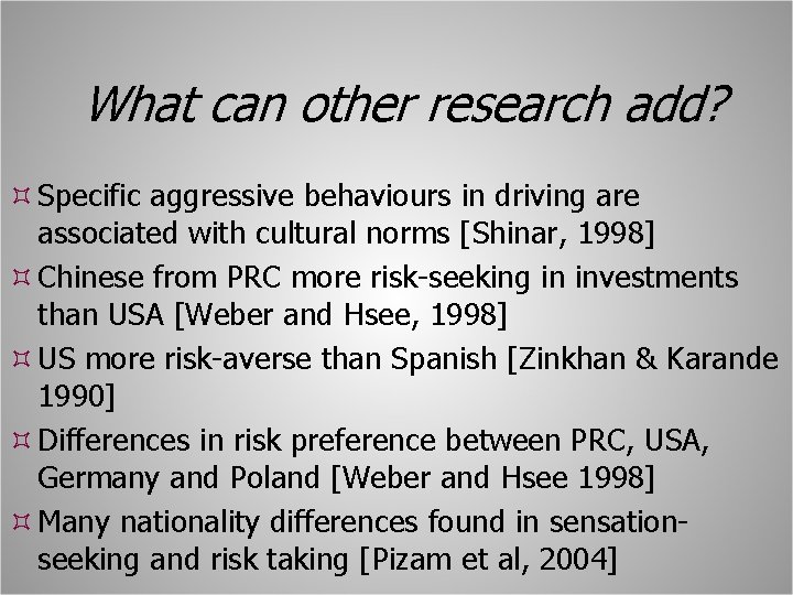 What can other research add? Specific aggressive behaviours in driving are associated with cultural