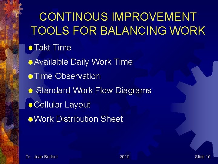 CONTINOUS IMPROVEMENT TOOLS FOR BALANCING WORK ®Takt Time ®Available ®Time ® Daily Work Time