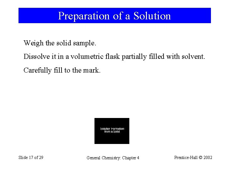 Preparation of a Solution Weigh the solid sample. Dissolve it in a volumetric flask