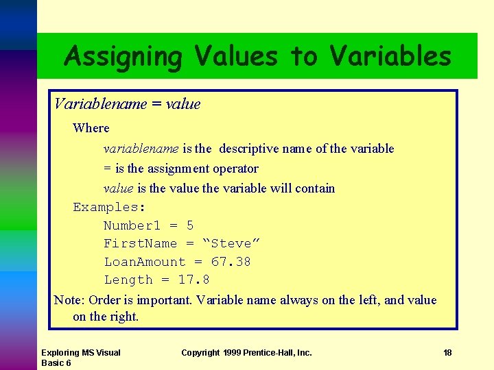 Assigning Values to Variables Variablename = value Where variablename is the descriptive name of