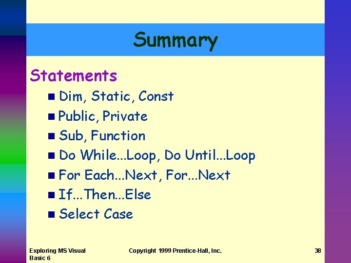 Summary Statements n Dim, Static, Const n Public, Private n Sub, Function n Do