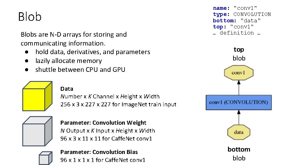 Blobs are N-D arrays for storing and communicating information. ● hold data, derivatives, and