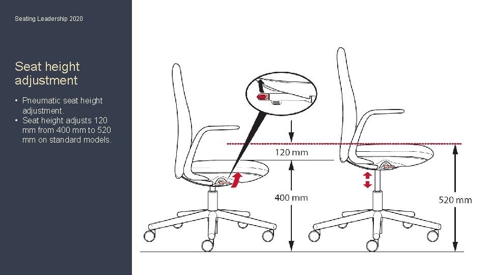 Seating Leadership 2020 Seat height adjustment • Pneumatic seat height adjustment. • Seat height Seating Leadership 2020 Seat height adjustment • Pneumatic seat height adjustment. • Seat height
