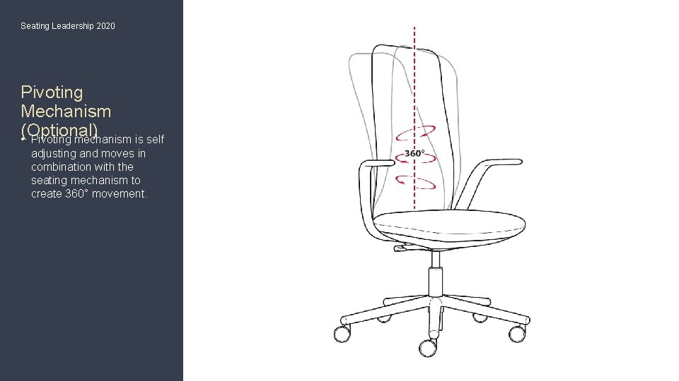 Seating Leadership 2020 Pivoting Mechanism (Optional) • Pivoting mechanism is self adjusting and moves Seating Leadership 2020 Pivoting Mechanism (Optional) • Pivoting mechanism is self adjusting and moves