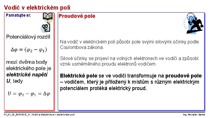 Vodič v elektrickém poli Pamatujte si: Proudové pole Na vodič v elektrickém poli působí