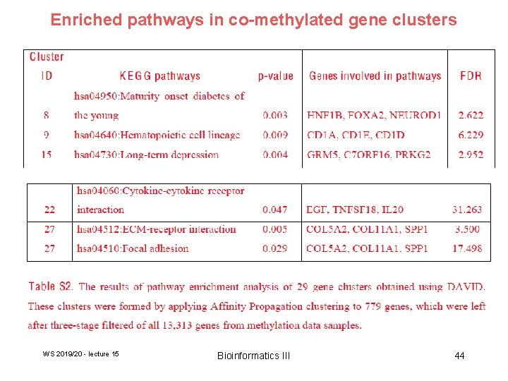 Enriched pathways in co-methylated gene clusters WS 2019/20 - lecture 15 Bioinformatics III 44