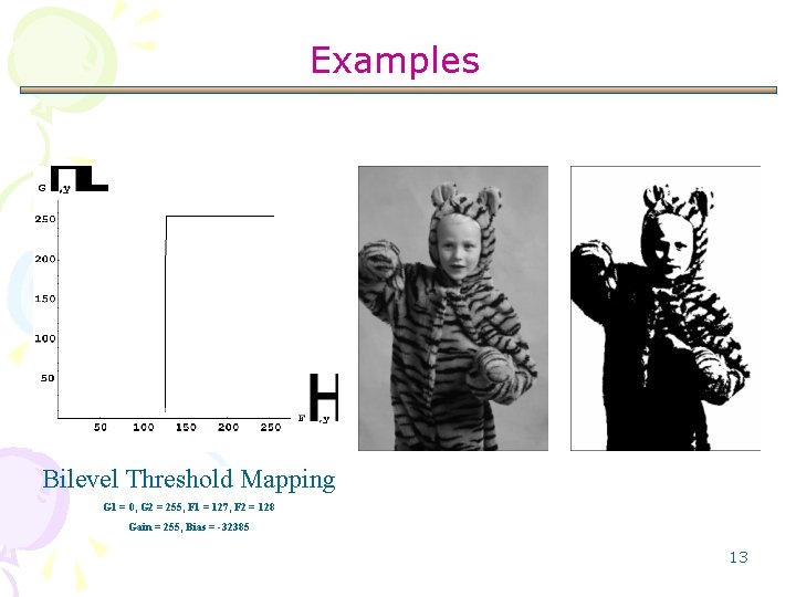 Examples Bilevel Threshold Mapping G 1 = 0, G 2 = 255, F 1