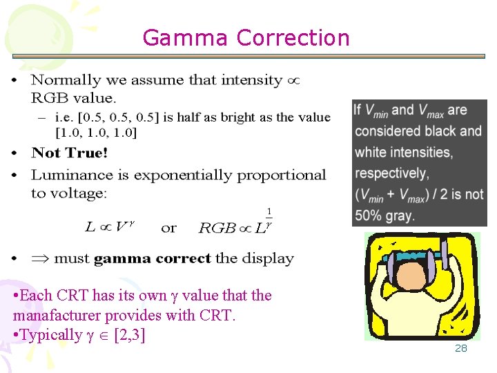 Gamma Correction • Each CRT has its own value that the manafacturer provides with