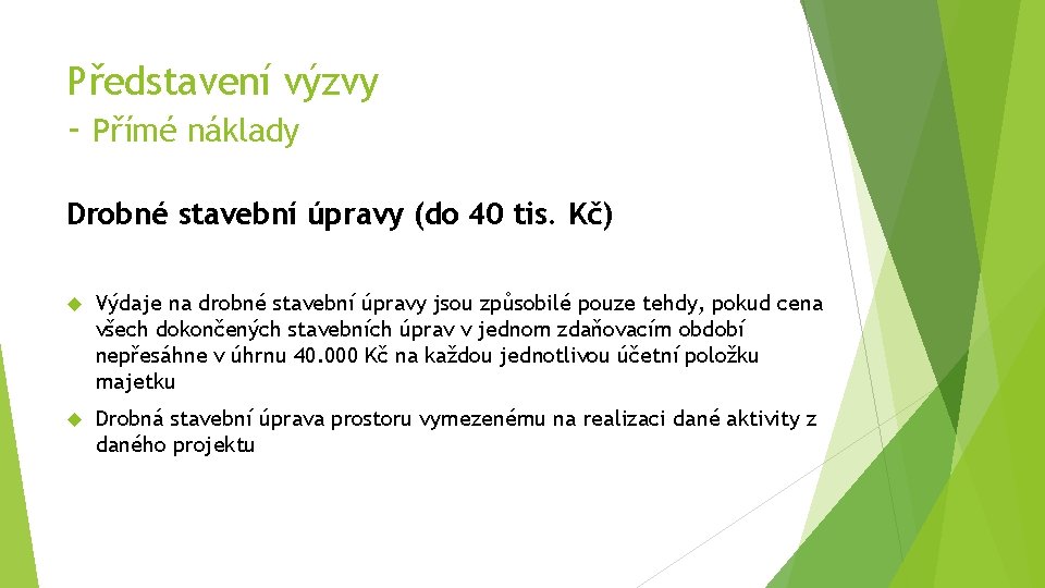 Představení výzvy - Přímé náklady Drobné stavební úpravy (do 40 tis. Kč) Výdaje na