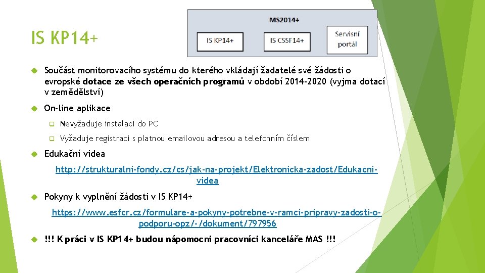 IS KP 14+ Součást monitorovacího systému do kterého vkládají žadatelé své žádosti o evropské