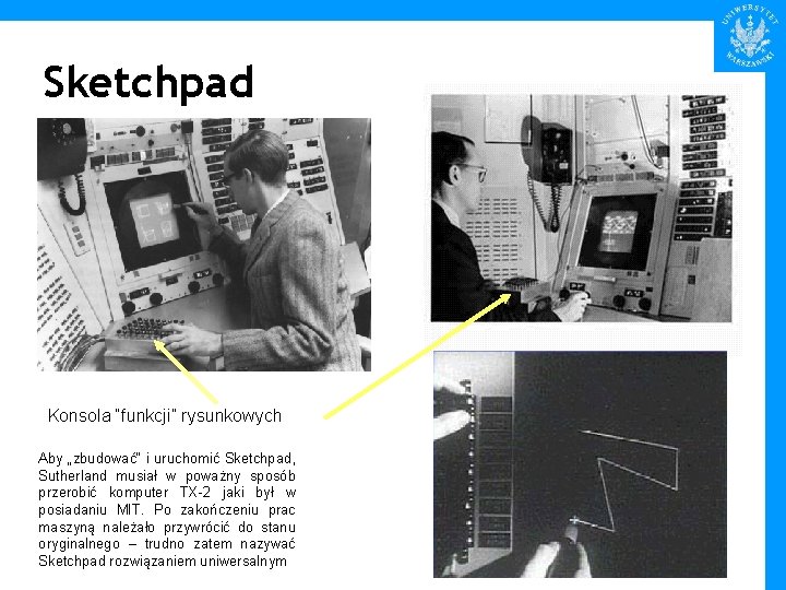 Sketchpad Konsola “funkcji” rysunkowych Aby „zbudować“ i uruchomić Sketchpad, Sutherland musiał w poważny sposób