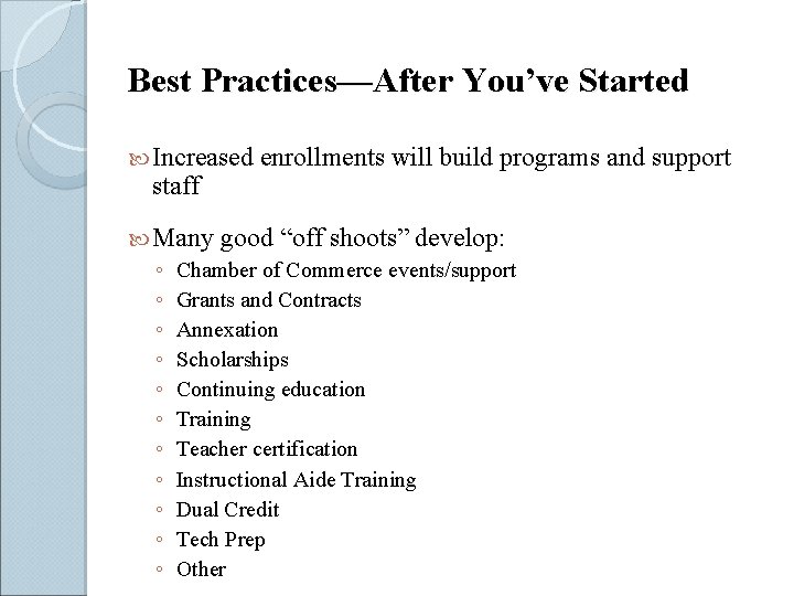 Best Practices—After You’ve Started Increased staff enrollments will build programs and support Many good