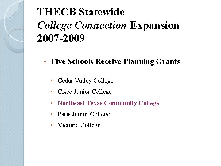 THECB Statewide College Connection Expansion 2007 -2009 • Five Schools Receive Planning Grants •