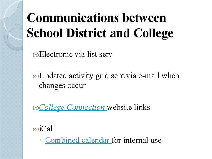Communications between School District and College Electronic via list serv Updated activity grid sent