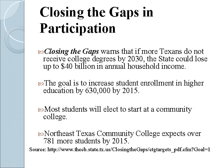 Closing the Gaps in Participation Closing the Gaps warns that if more Texans do