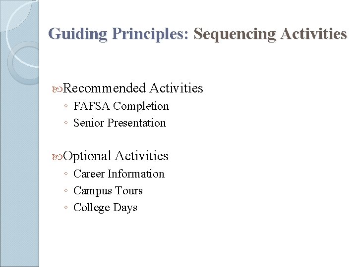 Guiding Principles: Sequencing Activities Recommended Activities ◦ FAFSA Completion ◦ Senior Presentation Optional Activities