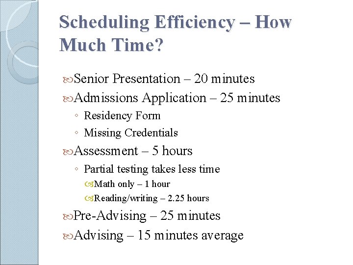 Scheduling Efficiency – How Much Time? Senior Presentation – 20 minutes Admissions Application –